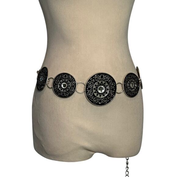 Chico's Accessories - Chico's Black Silver Circle Medallions Rhinestone Adjustable Belt 50.5"